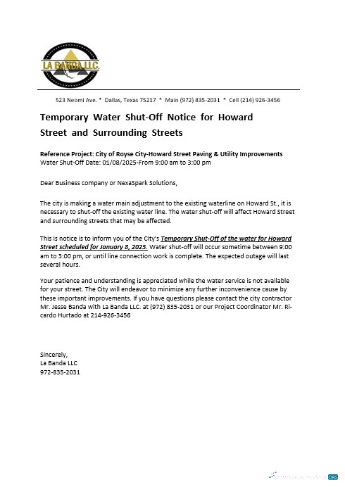 USA Texas La Banda business utility bill water shut off notice, Word and PDF template